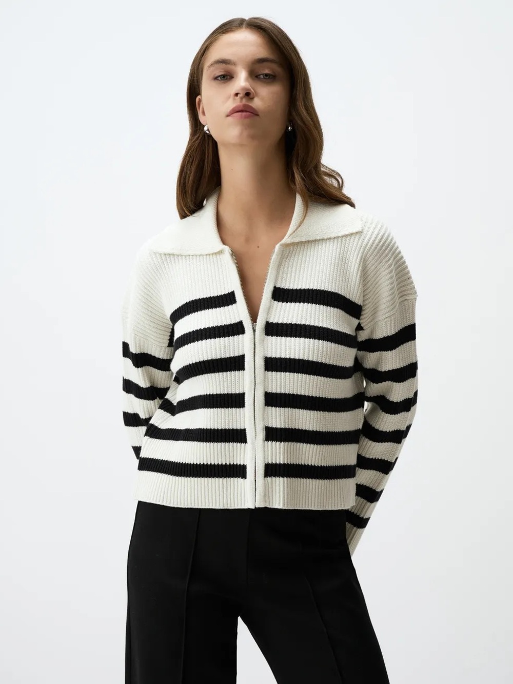 Hollister Black and White Striped Zip-Up Knit Jacket